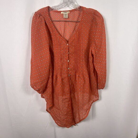 Sheer Women’s Orange Blouse Button Down White Polka Dots Sz XL  Boho Whimsical - Picture 1 of 10